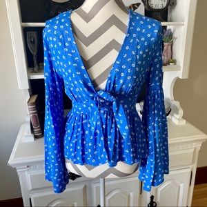 Olivaceous Floral Print Bell Sleeve Wrap Top